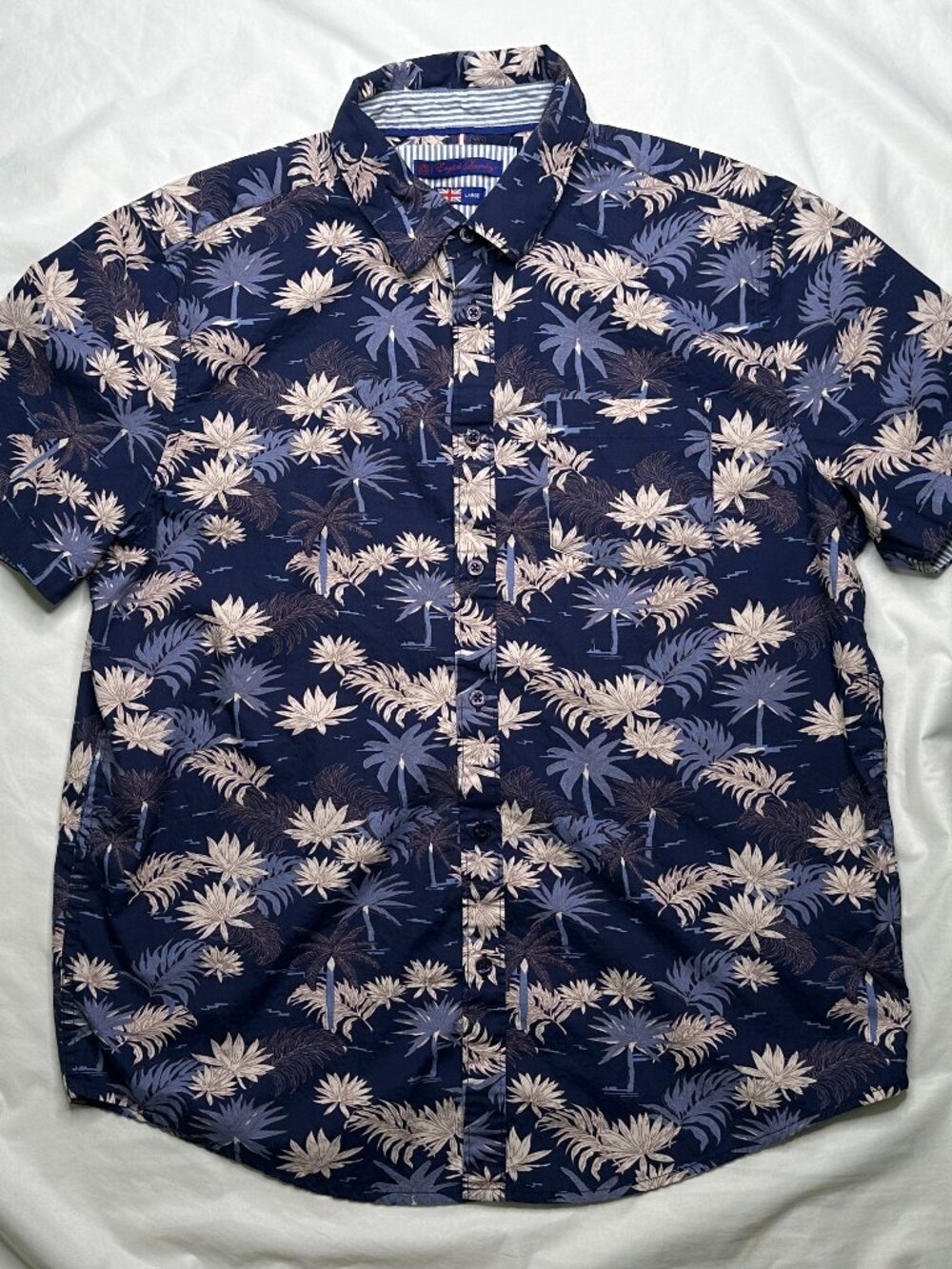 English Laundry Shirt Mens Large Blue Palm Hawaiian Stretch Button Front Aloha
